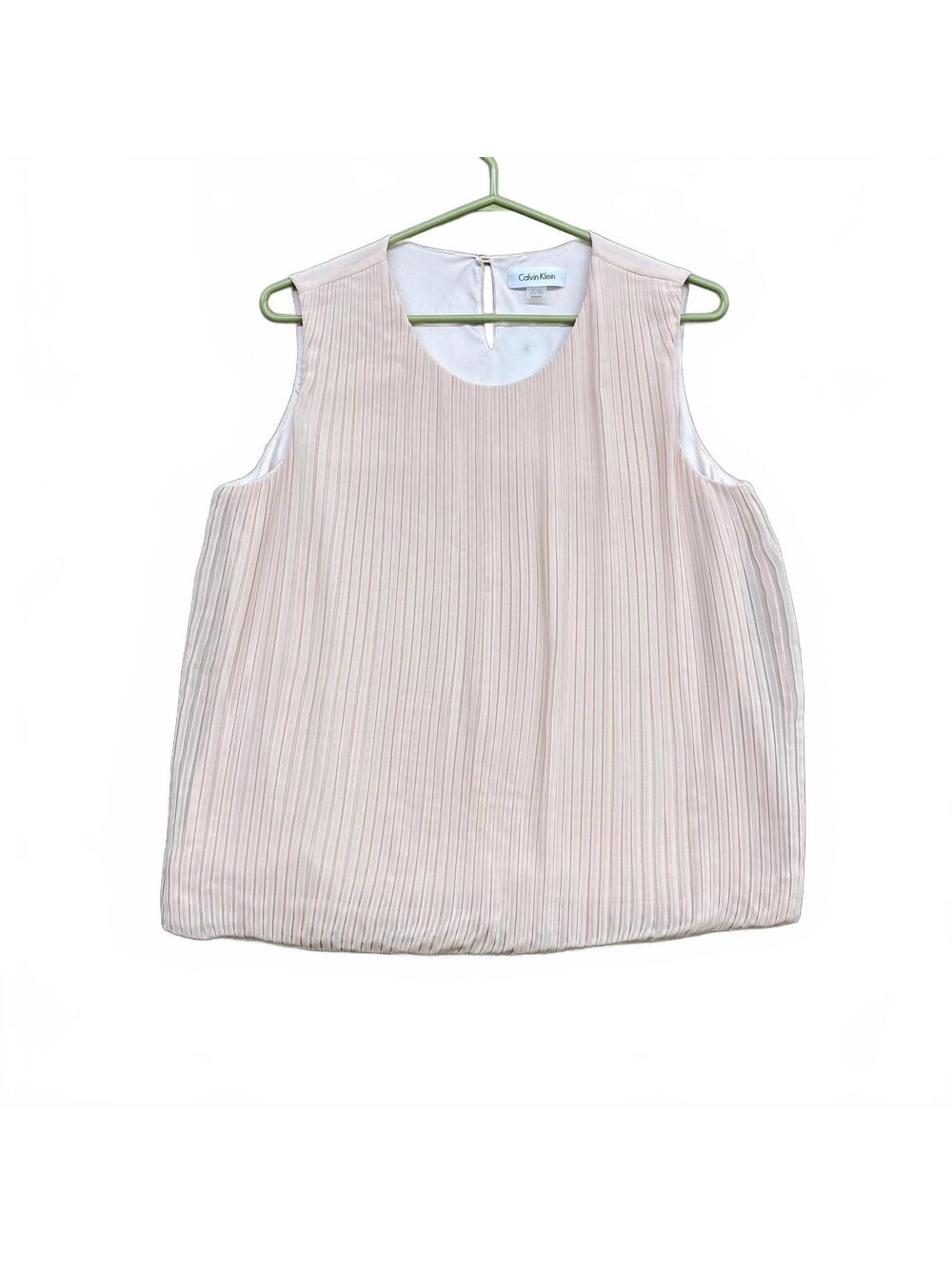 Calvin Klein Women's Sz M Sleeveless Pleated Blouse Pink Beige Sheer Chiffon Top
